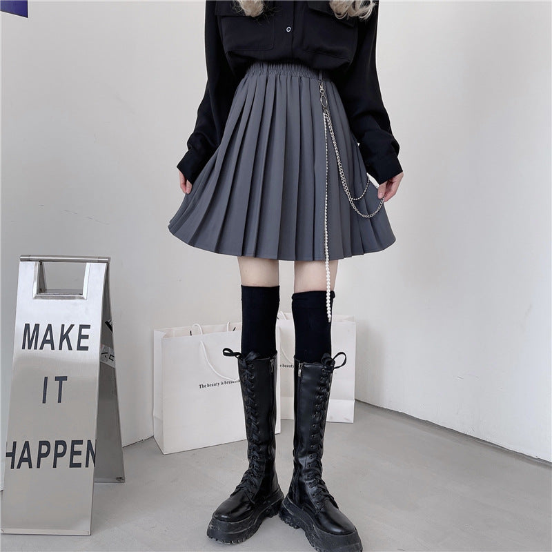 Korean Style Retro Pleated Women's Half Skirt with Chain