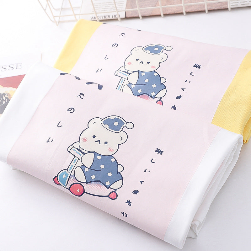 Japanese Style Cartoon Color Block Scooter Bear Print T-shirt