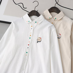 Cartoon Cat Embroidered Lapel Women's Shirt