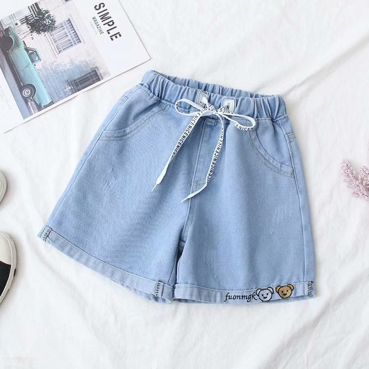 Versatile Korean Style Bear Embroidery Hot Denim Shorts