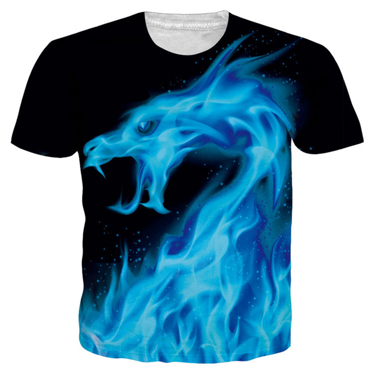 Men's Flame Skull Digital Printed Round Neck T-shirt