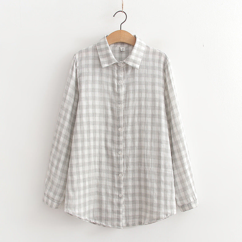 Japanese Style Women's Plaid Loose Long Sleeved Shirt