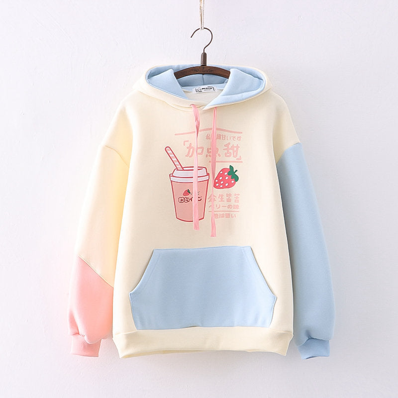 Women's Strawberry Drink Printed Color Block Hoodie