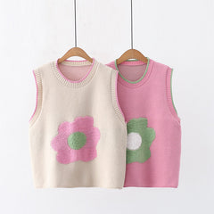 Cute Girls Round Neck Jacquard Flower Pullover Vest