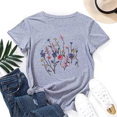 Creative Women's Floral Print Round Neck T-shirt