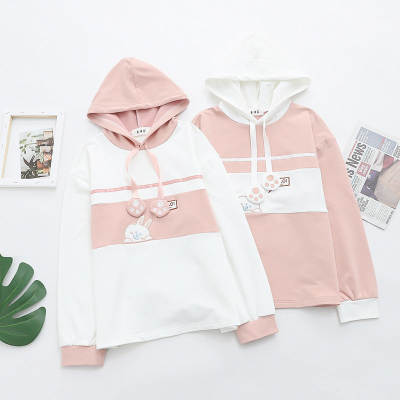 Sweet Color Block Cartoon Rabbit Claw Drawstring Hoodie