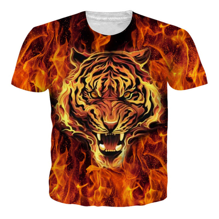 Men's Flame Skull Digital Printed Round Neck T-shirt