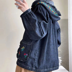 Retro Style Floral Embroidered Hooded Denim Jacket