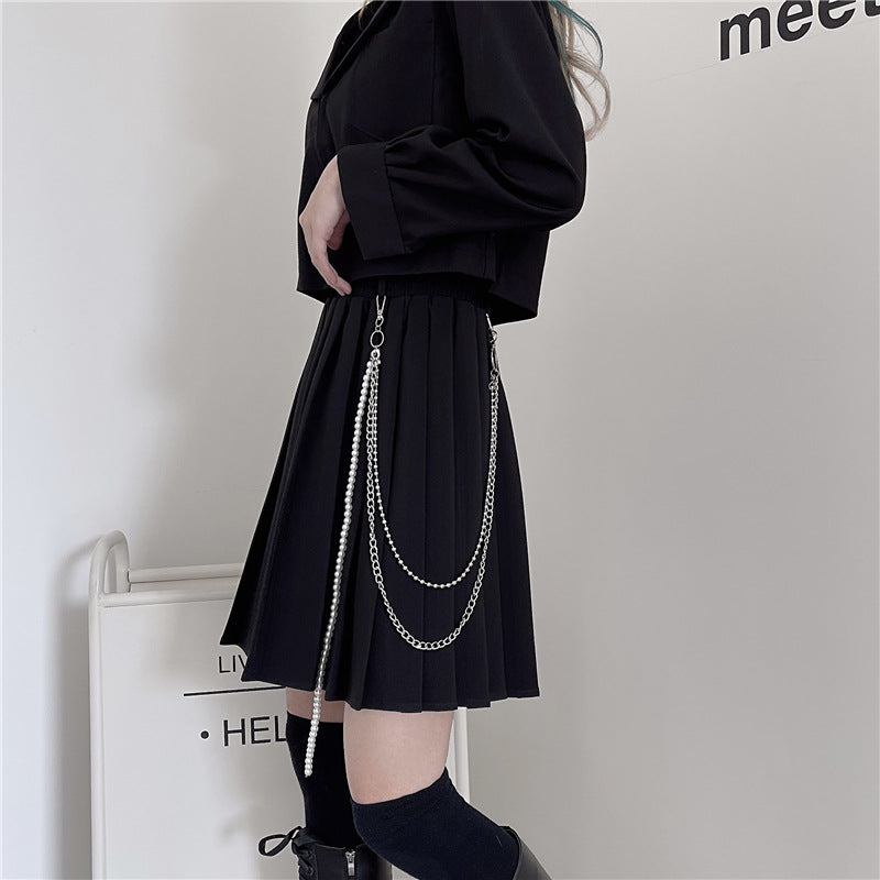 Korean Style Retro Pleated Women's Half Skirt with Chain