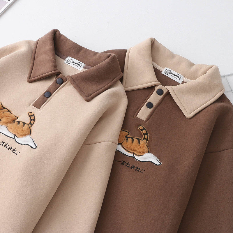 Cartoon Cat Embroidered Plush Thickened Polo Collar Sweatshirt