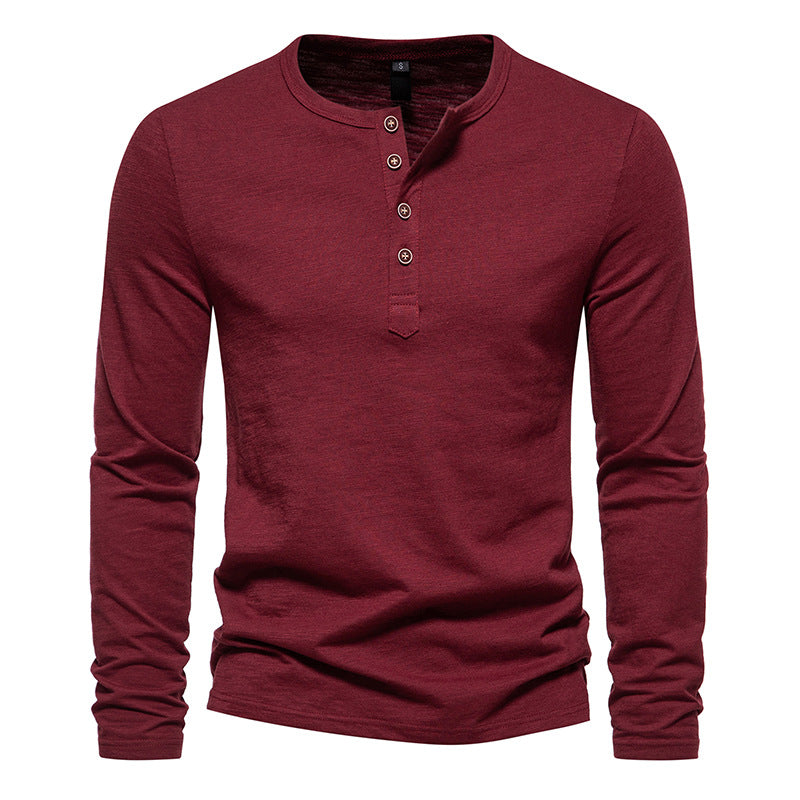 Plain Color Men's Four Button Henry Neck Long sleeve T-shirt