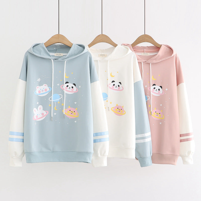 Kawaii Women's Cartoon Planet Animals Color Block Hoodie