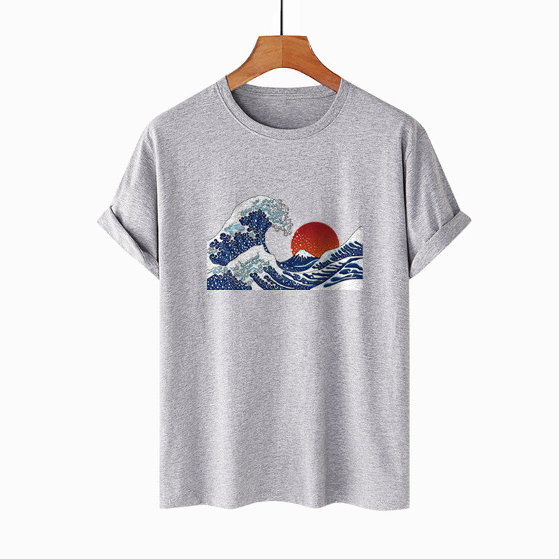 Japanese Style Waves Print Round Neck Loose T-shirt