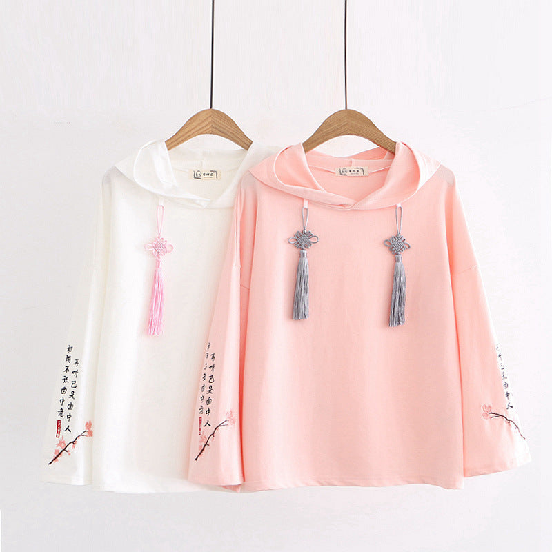 Japanese Style Letter Embroidered Knot Tassels Hoodie