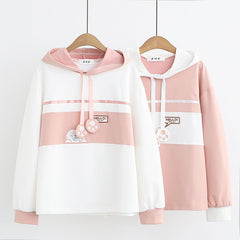 Sweet Color Block Cartoon Rabbit Claw Drawstring Hoodie