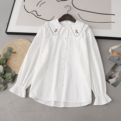 Women's Floral Sunflower Embroidered Doll Collar Shirt