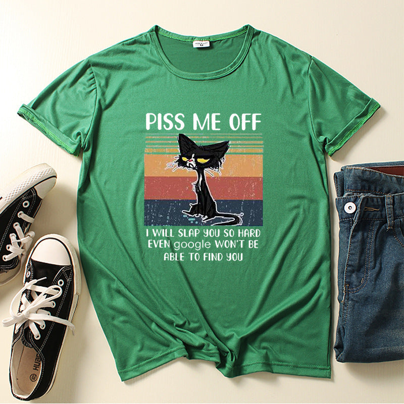 Casual Piss Me Off Black Cat Print Round Neck T-shirt