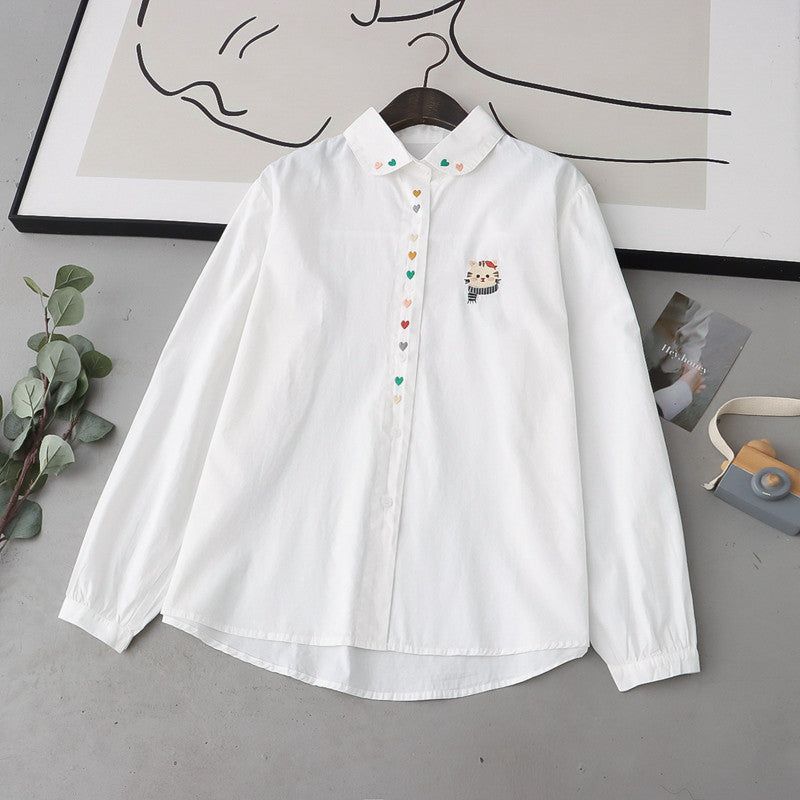 Cartoon Cat Embroidered Lapel Women's Shirt