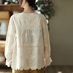 Floral Embroidery Women's Hollowed Out Lantern Sleeve Shirt