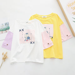 Japanese Style Cartoon Color Block Scooter Bear Print T-shirt