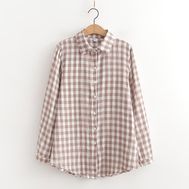 Japanese Style Women's Plaid Loose Long Sleeved Shirt