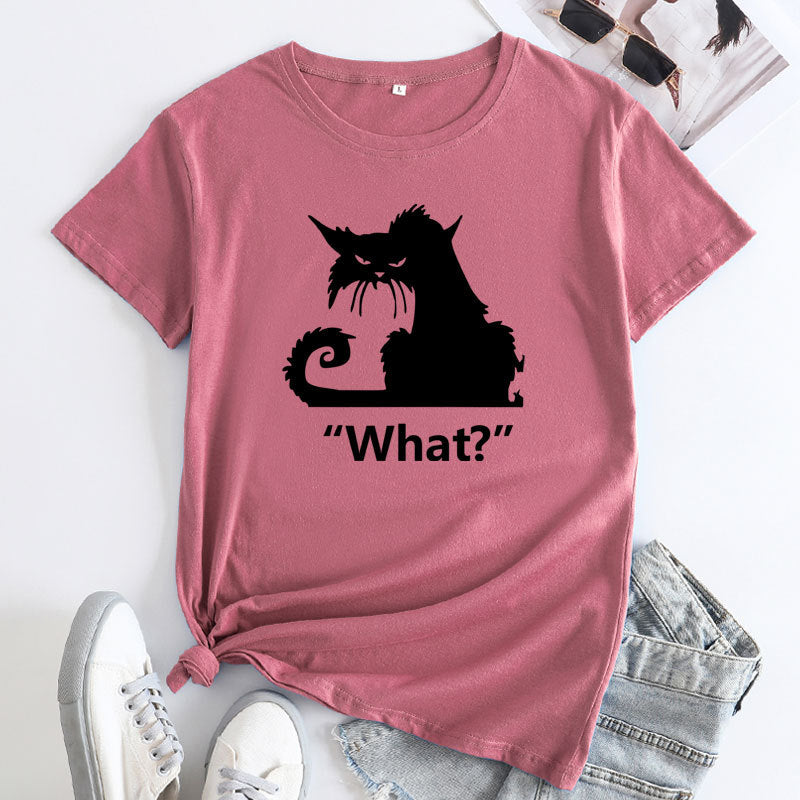 Casual What Cat Print Cotton Round Neck T-shirt