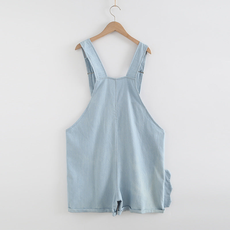 Cute Pocket Cat Embroidered Denim Overalls Shortalls