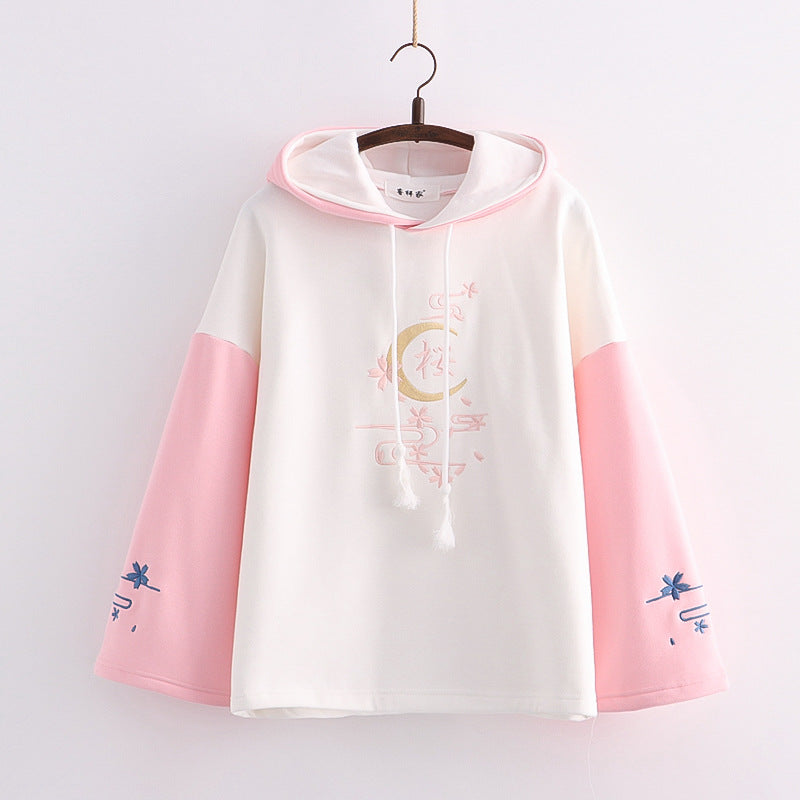 Japanese Style Cherry Blossom Letter Embroidered Hoodie