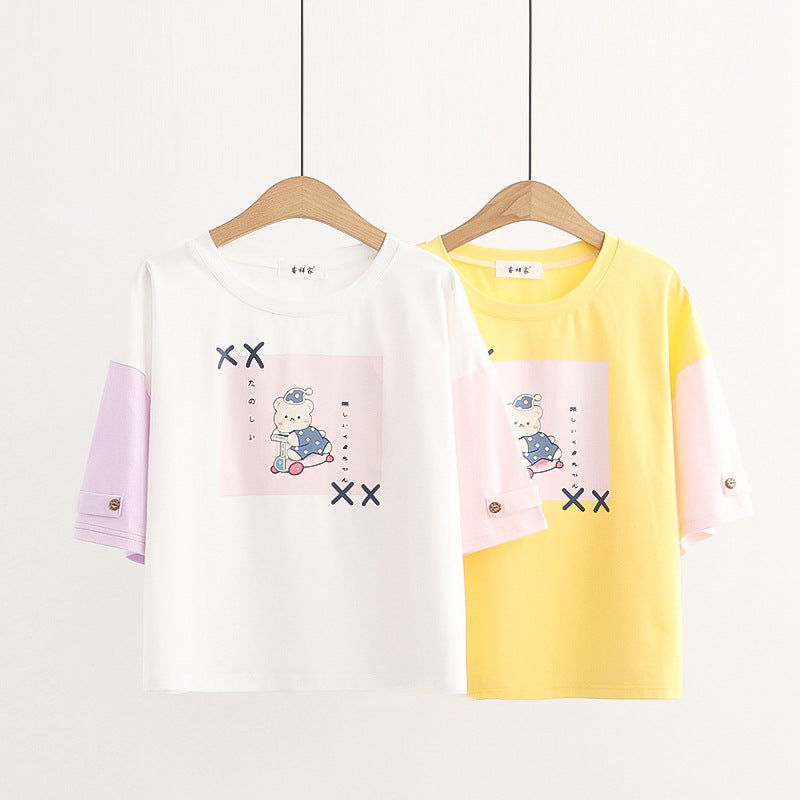 Japanese Style Cartoon Color Block Scooter Bear Print T-shirt