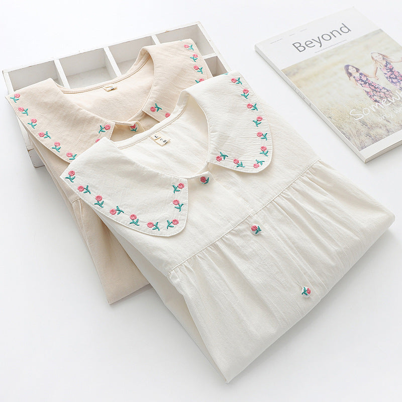 Japanese Style Doll Collar Floral Embroidered Shirt