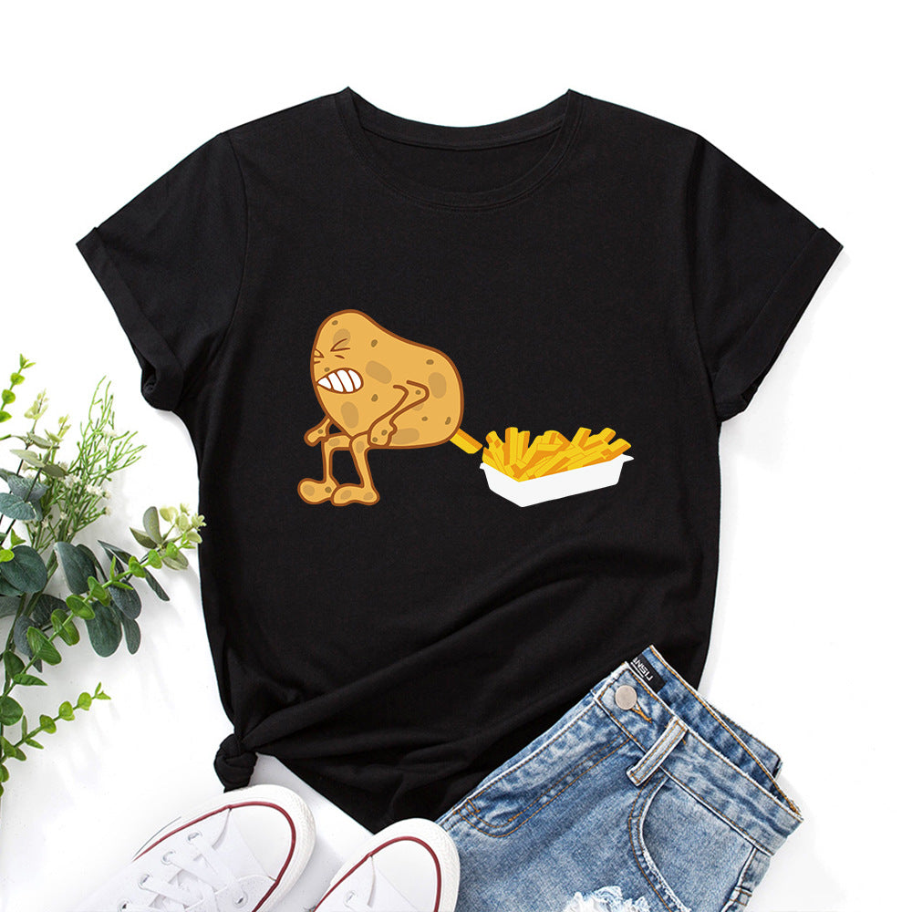 Women's Spoof Potato Fries Print Crew Neck T-shirt