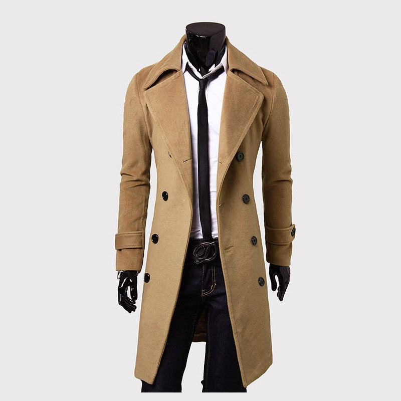 Luxury Men's Double Breasted Long Woolen Coat