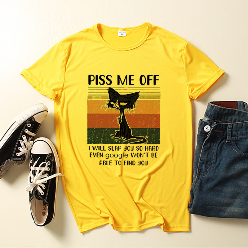 Casual Piss Me Off Black Cat Print Round Neck T-shirt