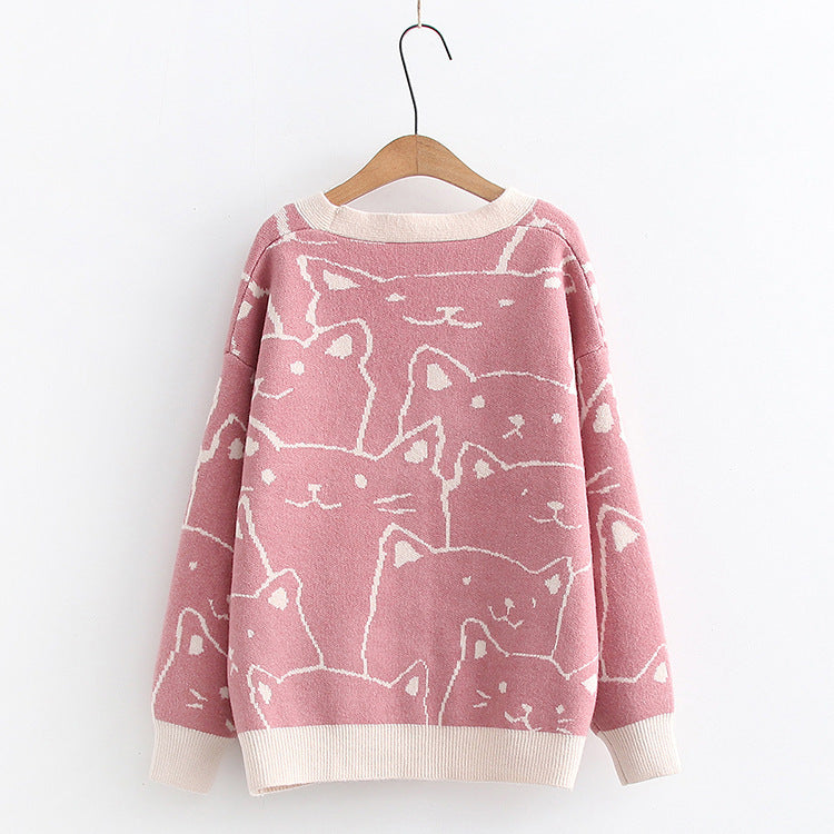 Cartoon Cat Jacquard Knit Cardigan Sweater