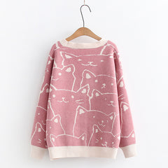 Cartoon Cat Jacquard Knit Cardigan Sweater