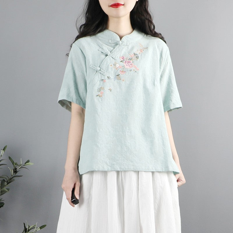 Ethnic Style Floral Embroidered Button Top T-shirt