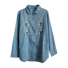 Japanese Style Flower Embroidery Washed Denim Long Sleeved Shirt