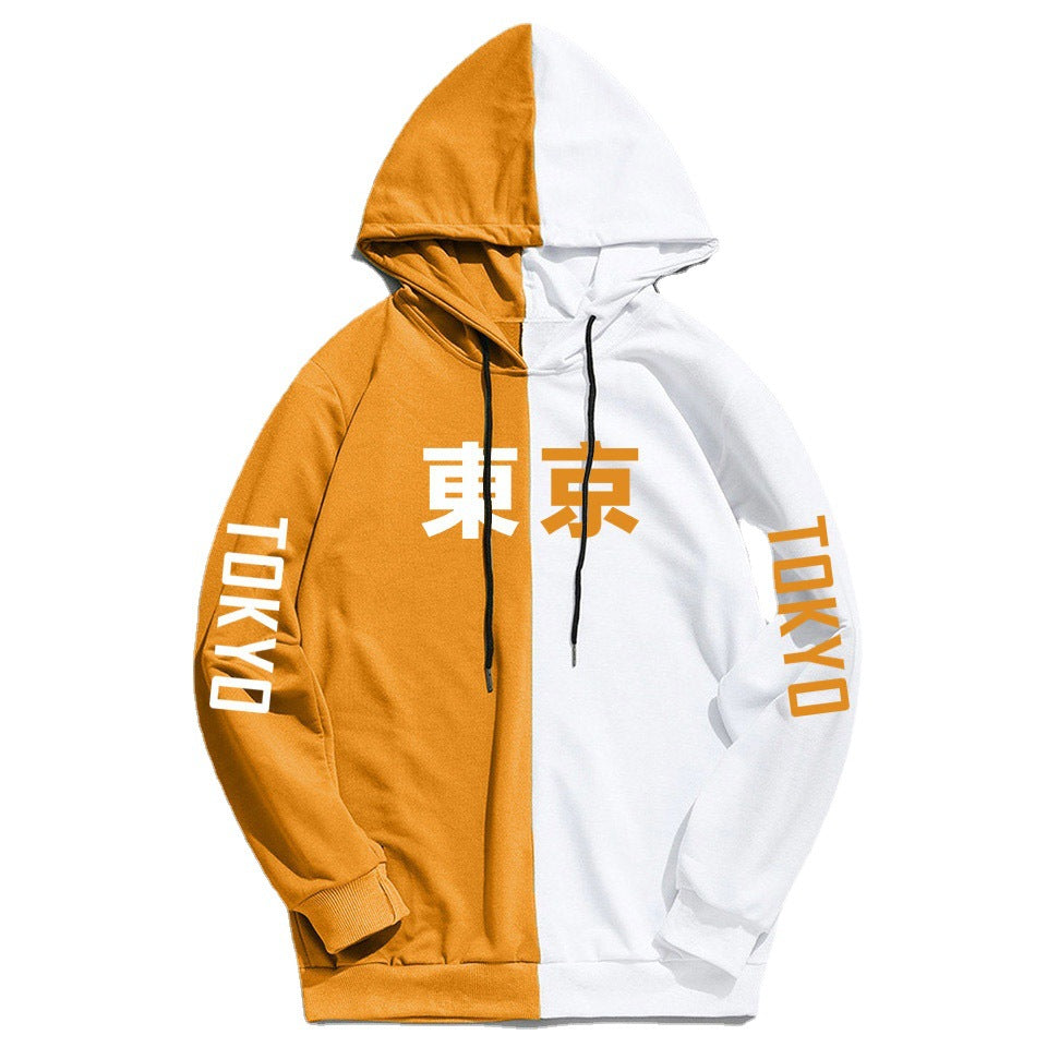 Unisex Tokyo Print Color Block Pullover Hoodie