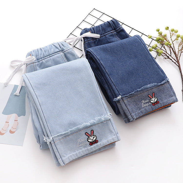 Kawaii Rabbit Embroidery Plush Thickened Wide Leg Jeans