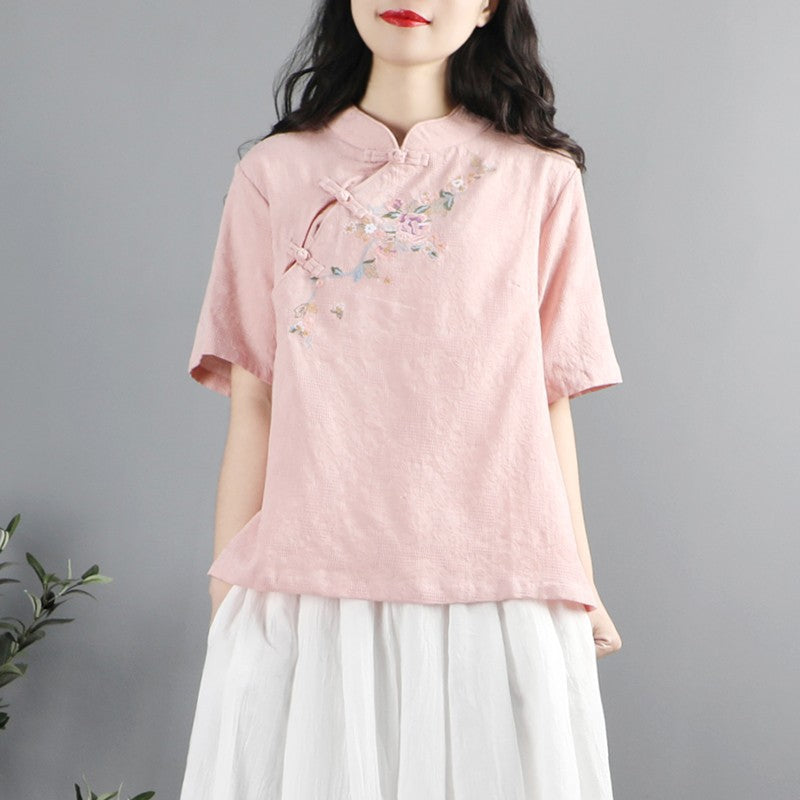 Ethnic Style Floral Embroidered Button Top T-shirt