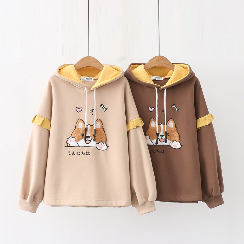 Kawaii Cartoon Dog Embroidered Velvet Hoodie