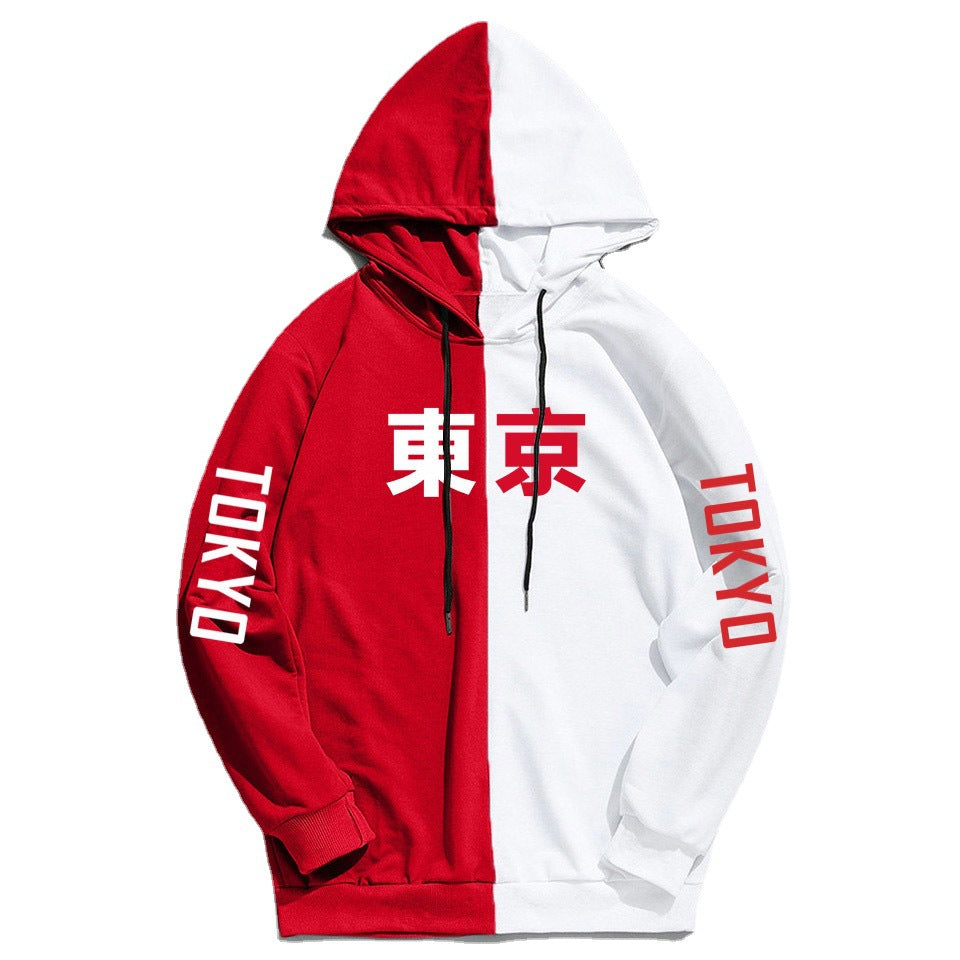 Unisex Tokyo Print Color Block Pullover Hoodie