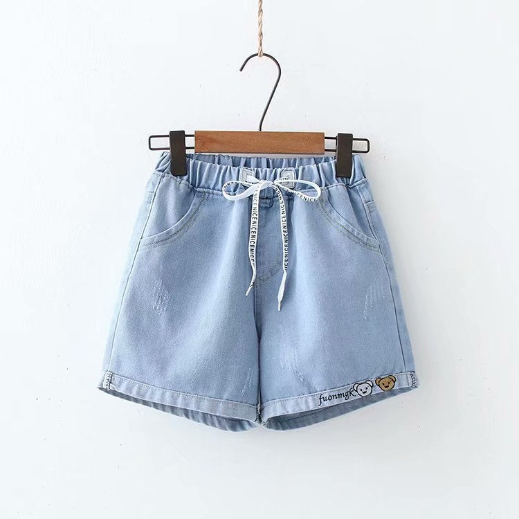 Versatile Korean Style Bear Embroidery Hot Denim Shorts