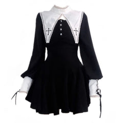 Dark Gothic Cross Embroidered Stitching Lace Long-sleeved Dress