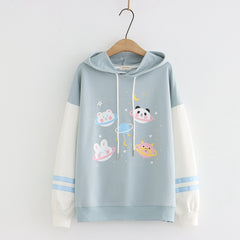 Kawaii Women's Cartoon Planet Animals Color Block Hoodie