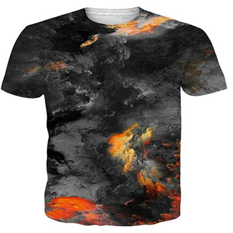 Men's Flame Skull Digital Printed Round Neck T-shirt