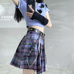 Dark Style Girls Plaid Pleated Skirt with Belt Suit