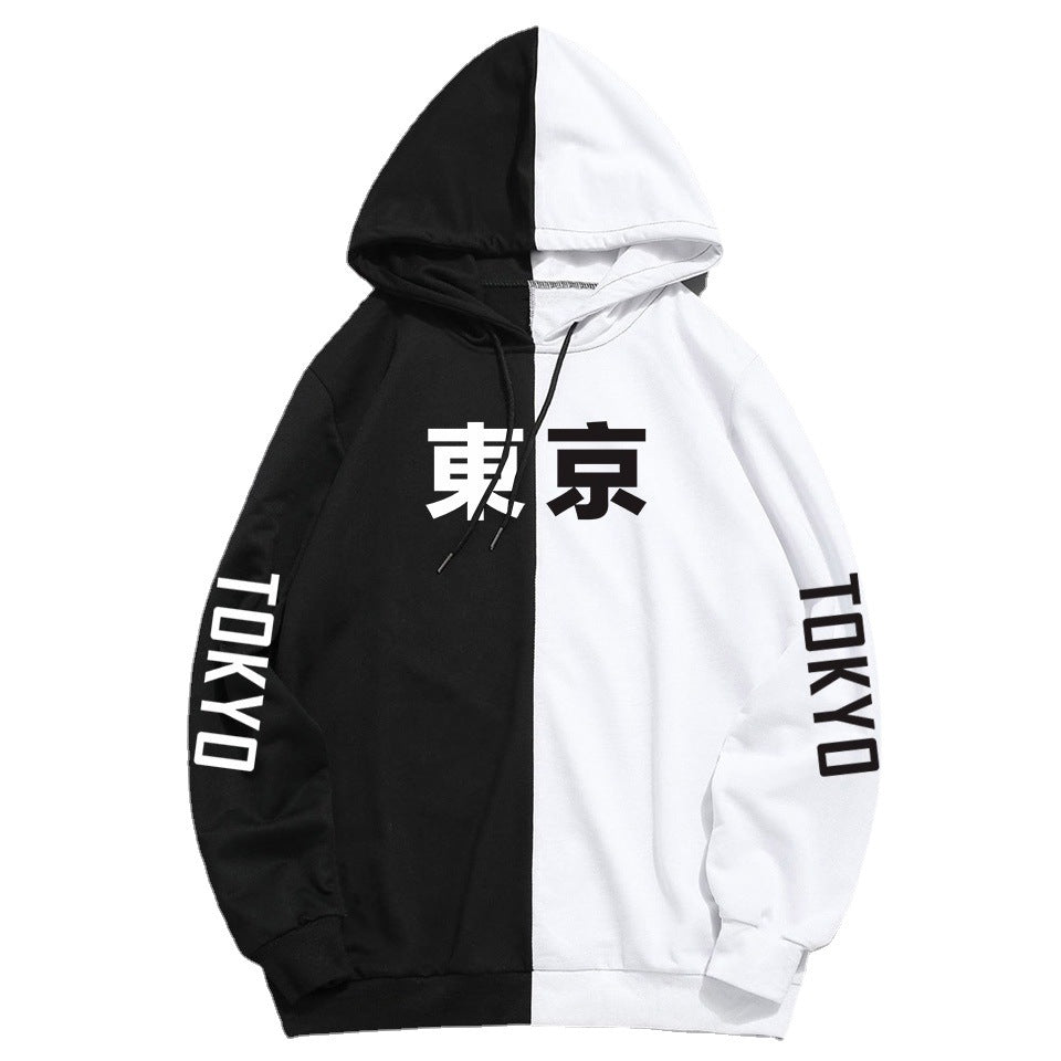 Unisex Tokyo Print Color Block Pullover Hoodie