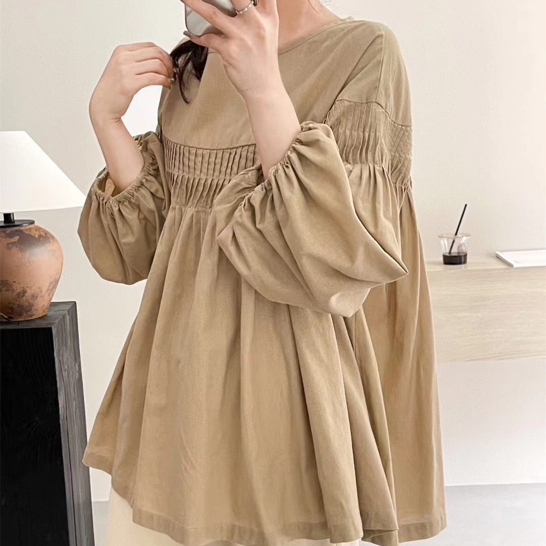 Women's Lantern Sleeve Pleated Lace-up Doll Shirt