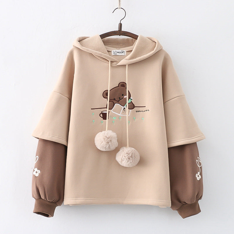 Trendy Fake Two Pieces Bear Embroidered Plush Hoodie